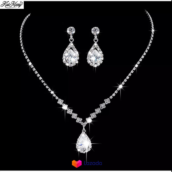Set trang sức dây chuyền và đôi khuyên tai bạc mặt kiểu giọt nước đính đá pha lê sáng bóng sang trọng thời trang đám cưới dành cho nữ
