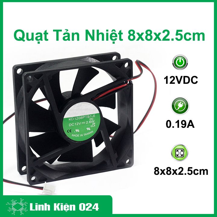 Quạt tản nhiệt 12vdc 0.19a kích thước 8x8x2.5cm làm mát, tản nhiệt máy