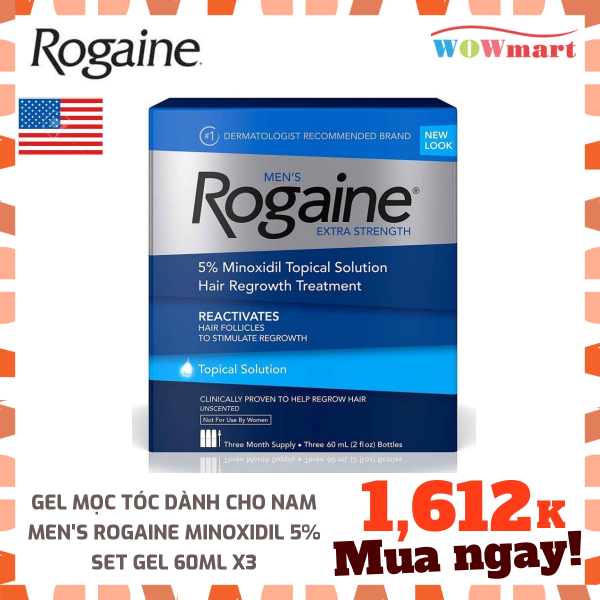 Gel mọc tóc dành cho nam Rogaine Extra Strength Hộp 3 chai
