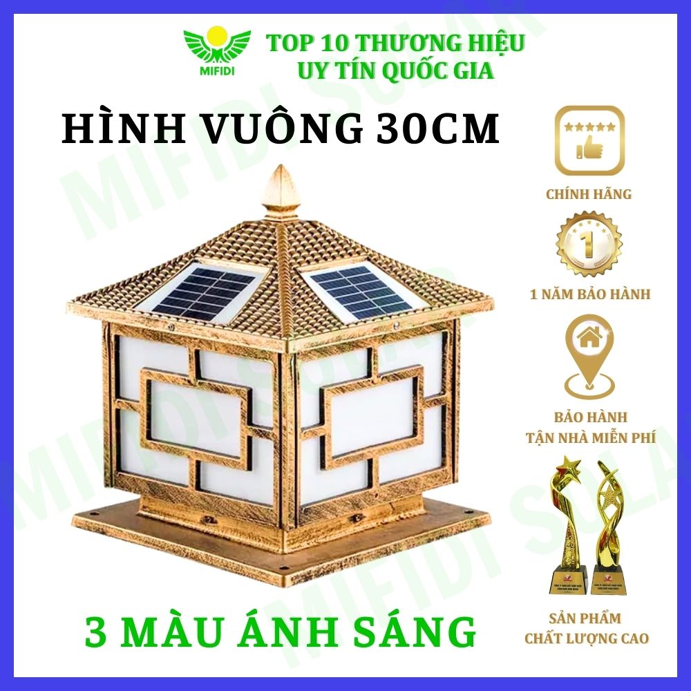 Đèn trụ cổng năng lượng mặt trời hình vuông và họa tiết cây tùng 30cm chính hãng Mifidi Solar - BH 1 năm