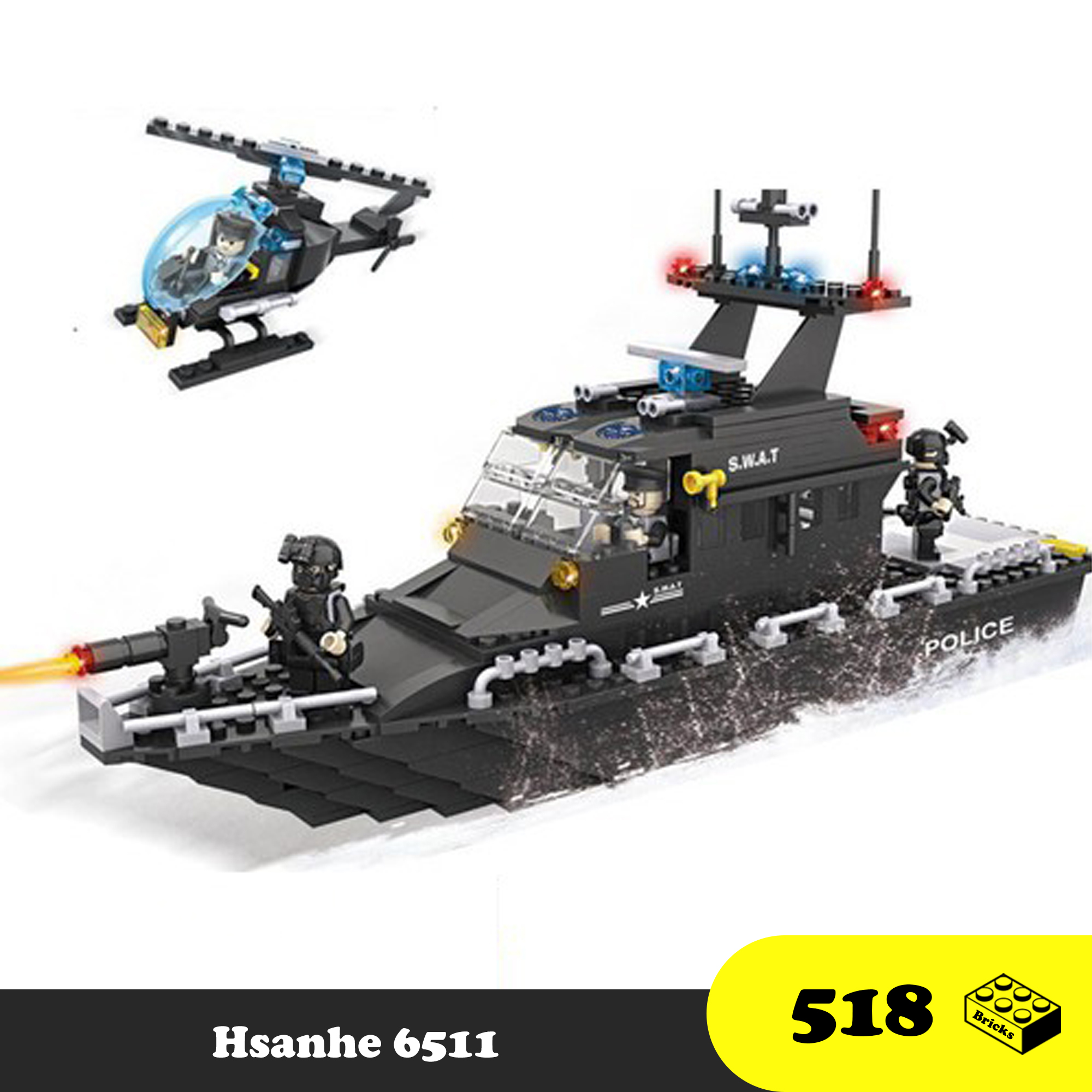 Đồ chơi lắp ráp Thuyền cảnh sát đặc nhiệm, Hsanhe 6511 Lego Police S.W.A.T Ship, Xếp hình thông minh [518 Mảnh ghép] Tránh xa thiết bị điện tử