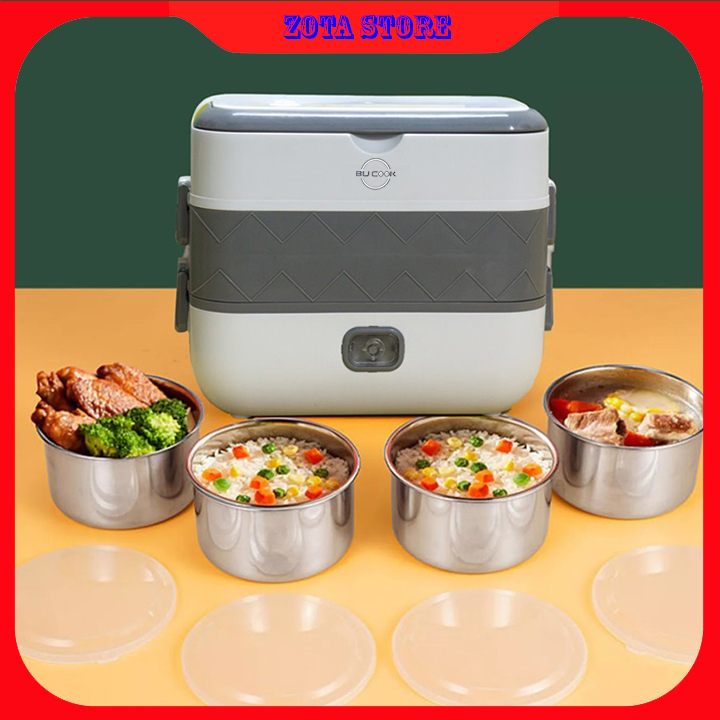 Hộp cơm cắm điện văn phòng bucook - hộp cơm giữ nhiệt 2 tầng 4 ngăn inox