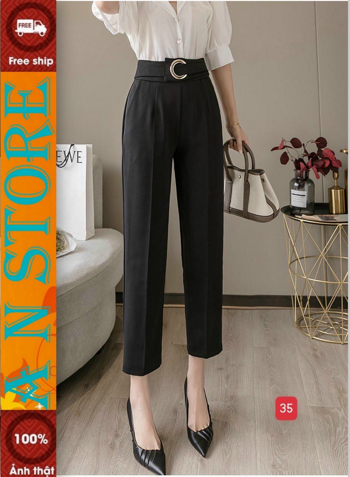 [FreeShip MAX][HCM]Quần tây nữ ống suông vải Tuyết mưa cao cấp màu đen M35, quần baggy lưng cao phong cách hàn quốc-thời trang AN NHIÊN STORE 9999 AN7791