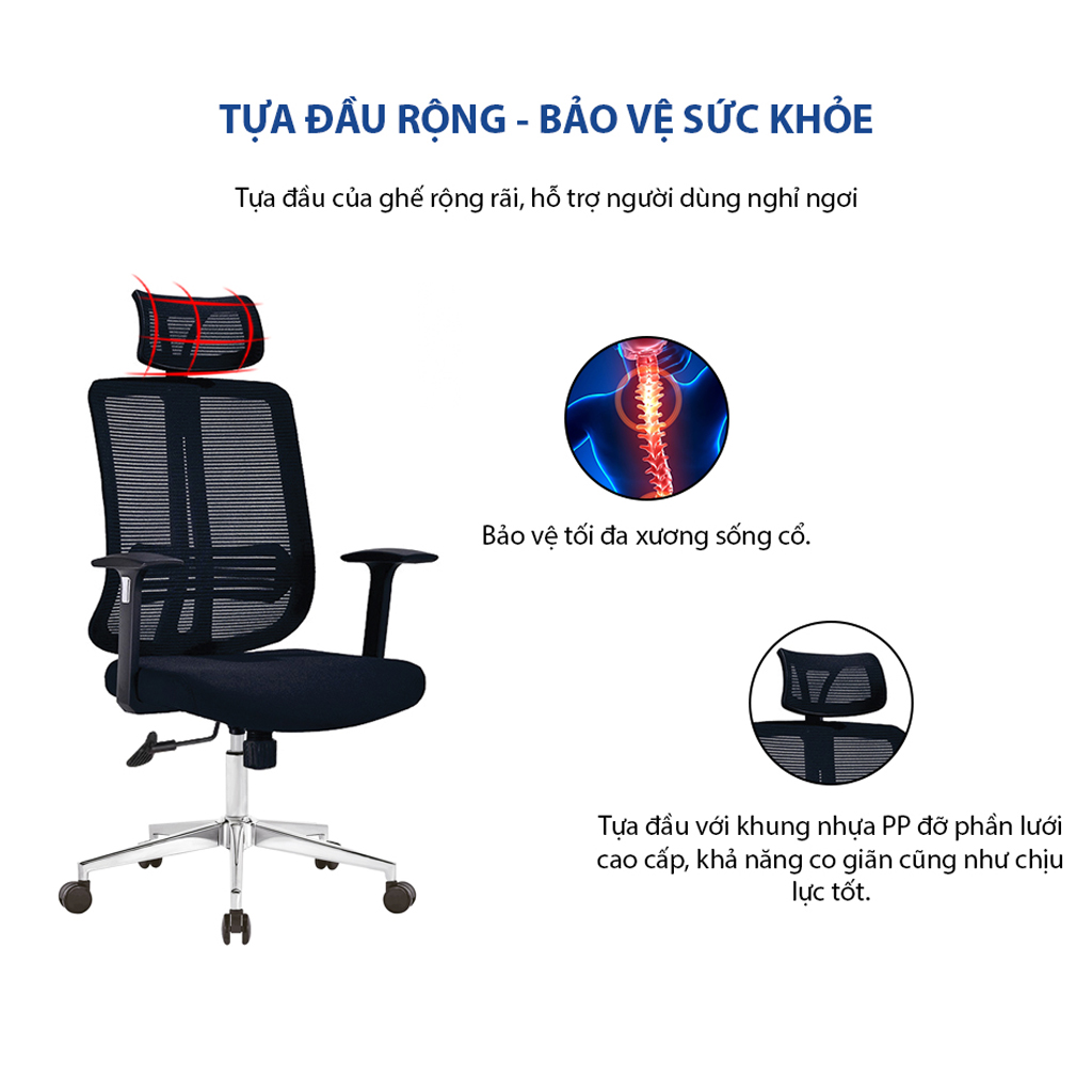 Ghế xoay văn phòng công thái học GOVI Ryan R09TD - Thiết kế tựa đầu điều chỉnh độ cao, tựa tay cố định, mâm ghế có ngả sau và khoá ngả