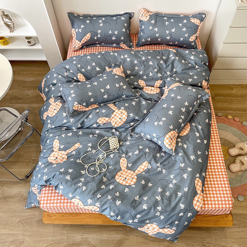 Bộ chăn ga gối cotton poly - Mẫu thỏ tai xanh