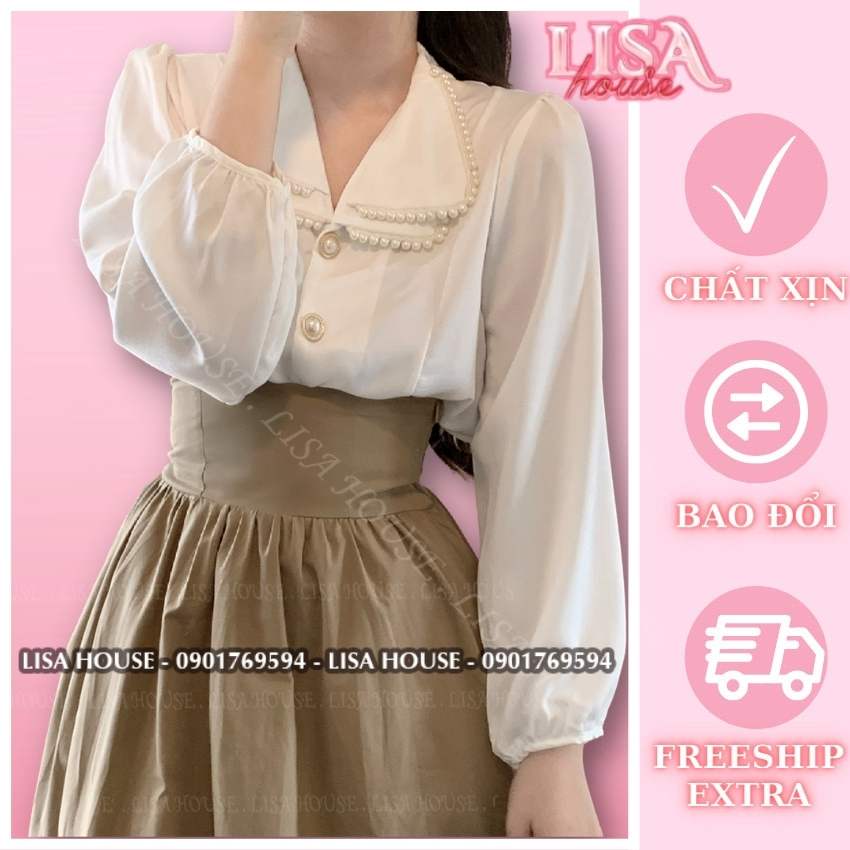 Set sơ mi cổ bèo phối viền 2 lớp + chân váy xếp ly tuyết mưa dài, set tiểu thư siêu xinh