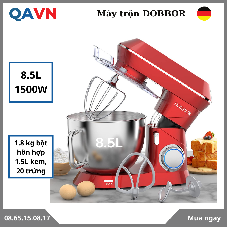 (Hàng Anh, Đức) Máy  nhào bột DOBBOR 8.5L 1500W SM-1553 - Bánh răng kim loại bền bỉ cao cấp trộn 1.2 Kg bột - Đánh trứng, trộn bột, trộn salad, quết chả  giò, trà bông - Hàng chính  hãng - BH 1 năm