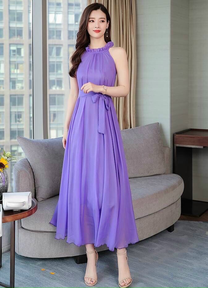 Đầm maxi dài cổ xếp ly