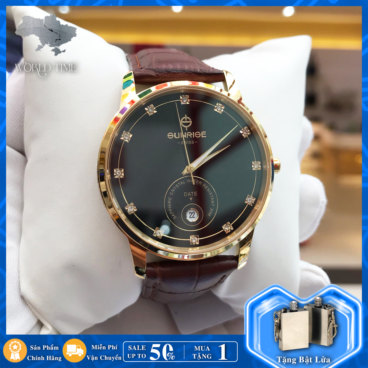 Đồng hồ Nam Sunrise 1138SA, Full hộp, thẻ bảo hành 3 năm, Sapphire chống xước, chống nước, dây da