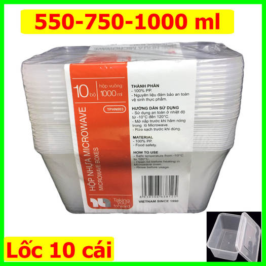 Lốc 10 Cái Hộp Nhựa Đựng Thực Phẩm Chữ Nhật Dùng Được Cho Lò Vi Sóng Lốc 10 Cái + Kèm Nắp