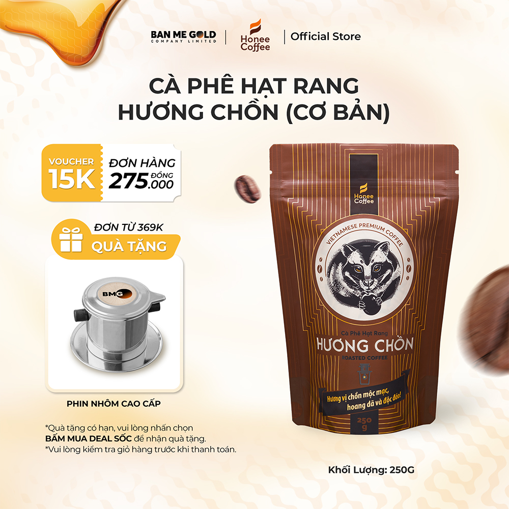 [CƠ BẢN] Cà Phê Hương Chồn (Nâu) Hạt Rang Mộc (250g) Cafe Chồn Nguyên Chất Chính Hãng Ban Me Gold - Honee Coffee
