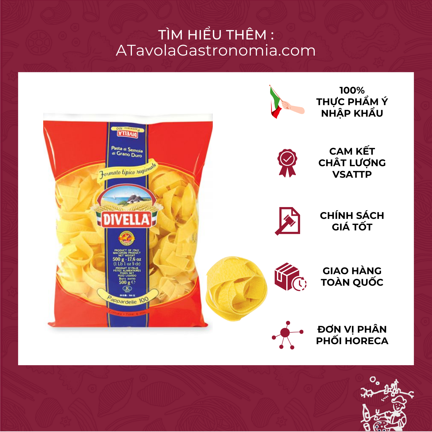 Mì ý pappardelle sợi dẹt divella gói 500g