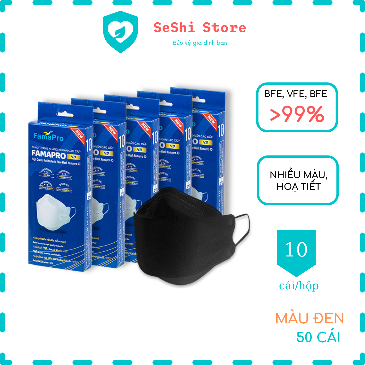 Combo 50 cái khẩu trang kf94 nhiều màu famapro 4d 4 lớp lọc seshi store