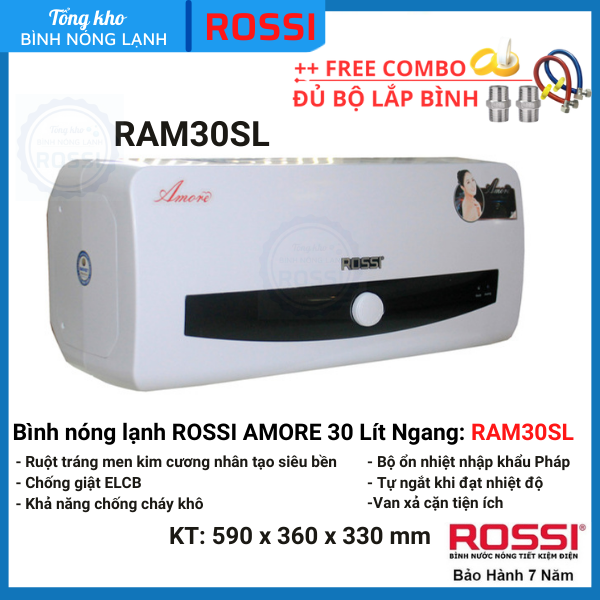 Bình nóng lạnh gián tiếp Rossi Amore 30 Lít Ngang RA30SL - Bảo hành 7 năm, hàng chính hãng Tân Á Đại Thành