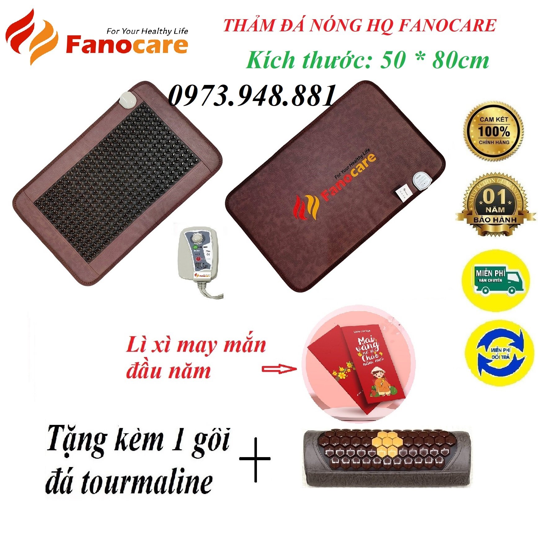 Thảm đá nhiệt nóng Fanocare đá germanium tròn đen KT 50*80cm