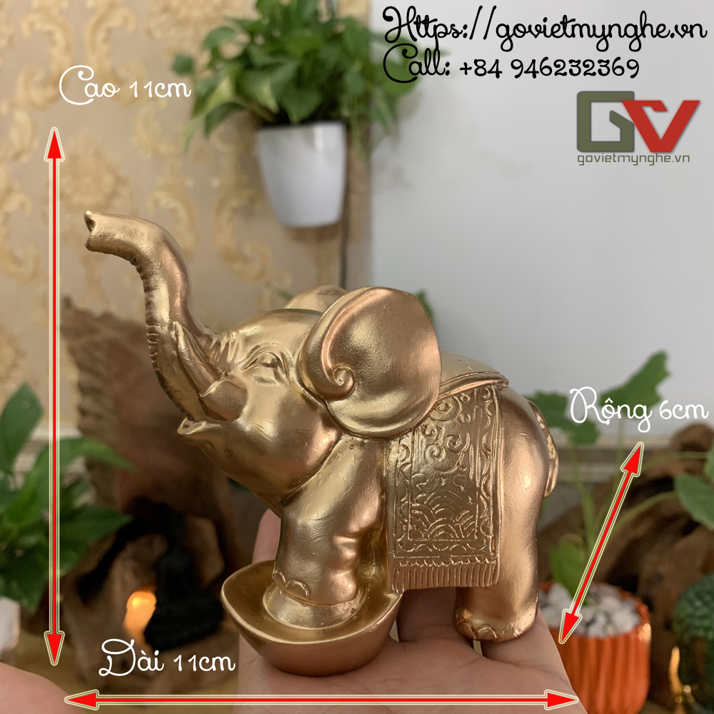[HCM][Linh vật phong thủy] Tượng voi đá trang trí phong thủy dáng voi đạp thỏi vàng chiêu giữ tài lộc - Cao 11cm - Màu Nhũ Đồng