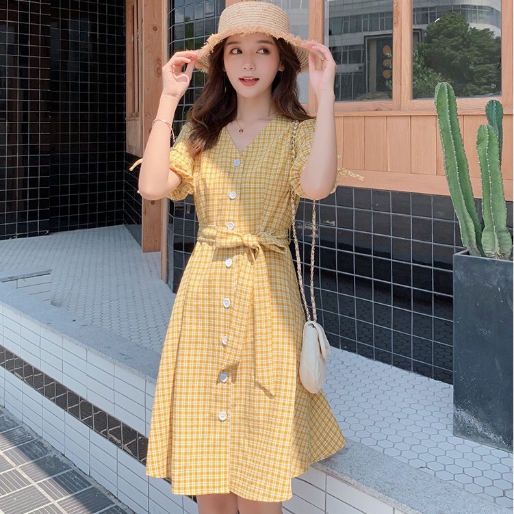 [HCM]Đầm xòe nữ caro cổ tim thắt nơ tay cho chị em dự tiệc, đi làm nơi công sở