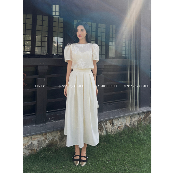 Set áo kiểu cột nơ Lia Top và chân váy xếp ly hộp dáng dài Lia Midi Skirt