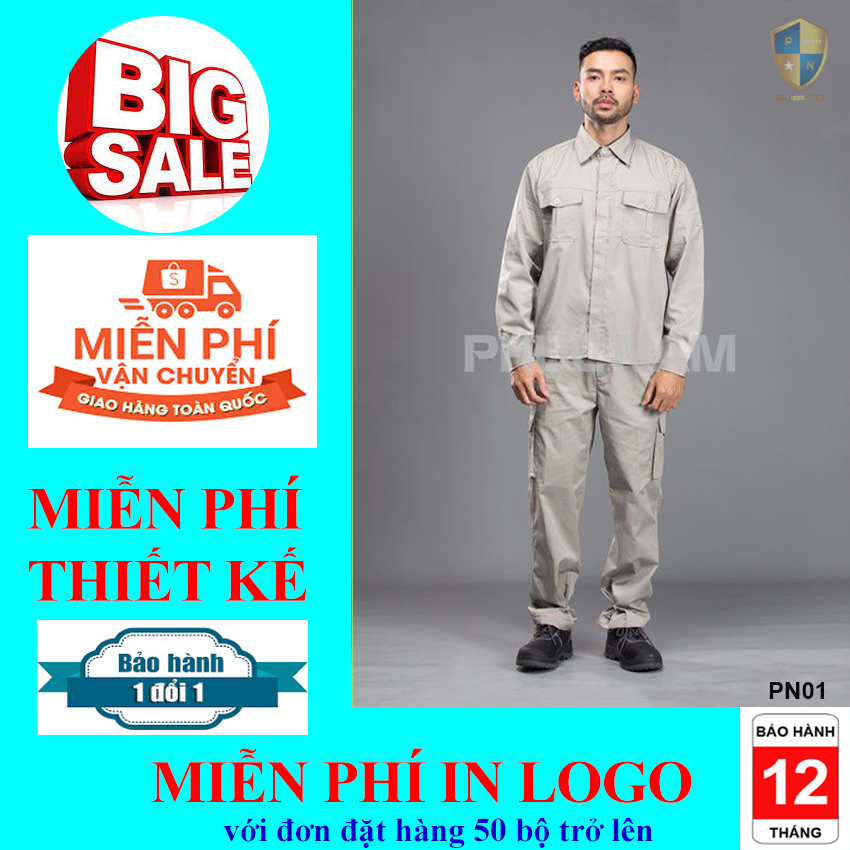 Bộ quần áo bảo hộ lao động, quần áo bảo hộ lao động màu ghi xám PN01, quần áo bảo hộ lao động vải Pangrim Hàn Quốc, quần áo bảo hộ lao động cao cấp, đồng phục công ty, đồng phục kỹ sư, bảo hộ lao động Phúc Nam