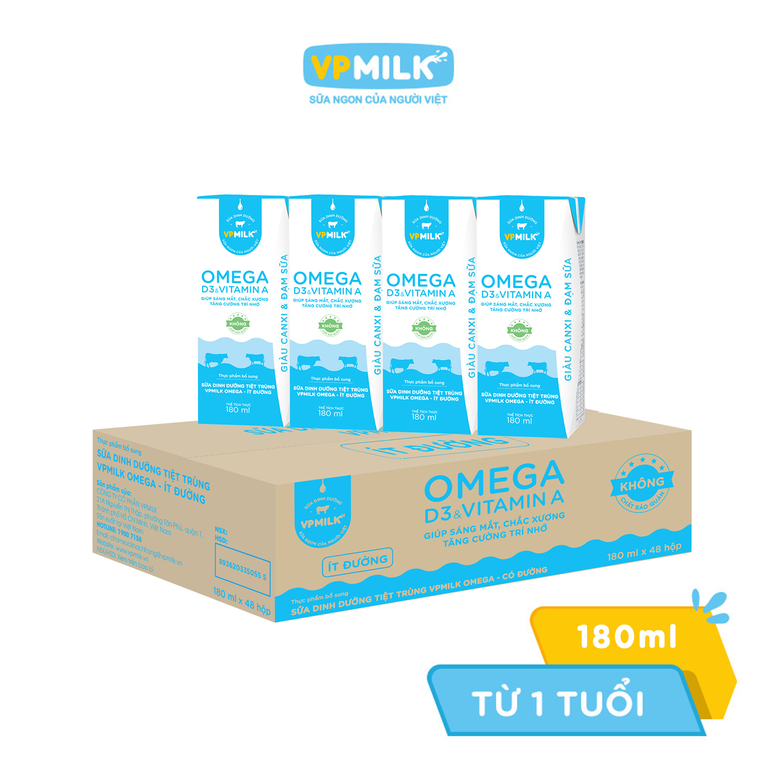 [Box of 48 Boxes of 180ml] Vpmilk Omega Pasteurized Nutritional Milk Low Sugar Box for Babies over 1 Year Old - 2