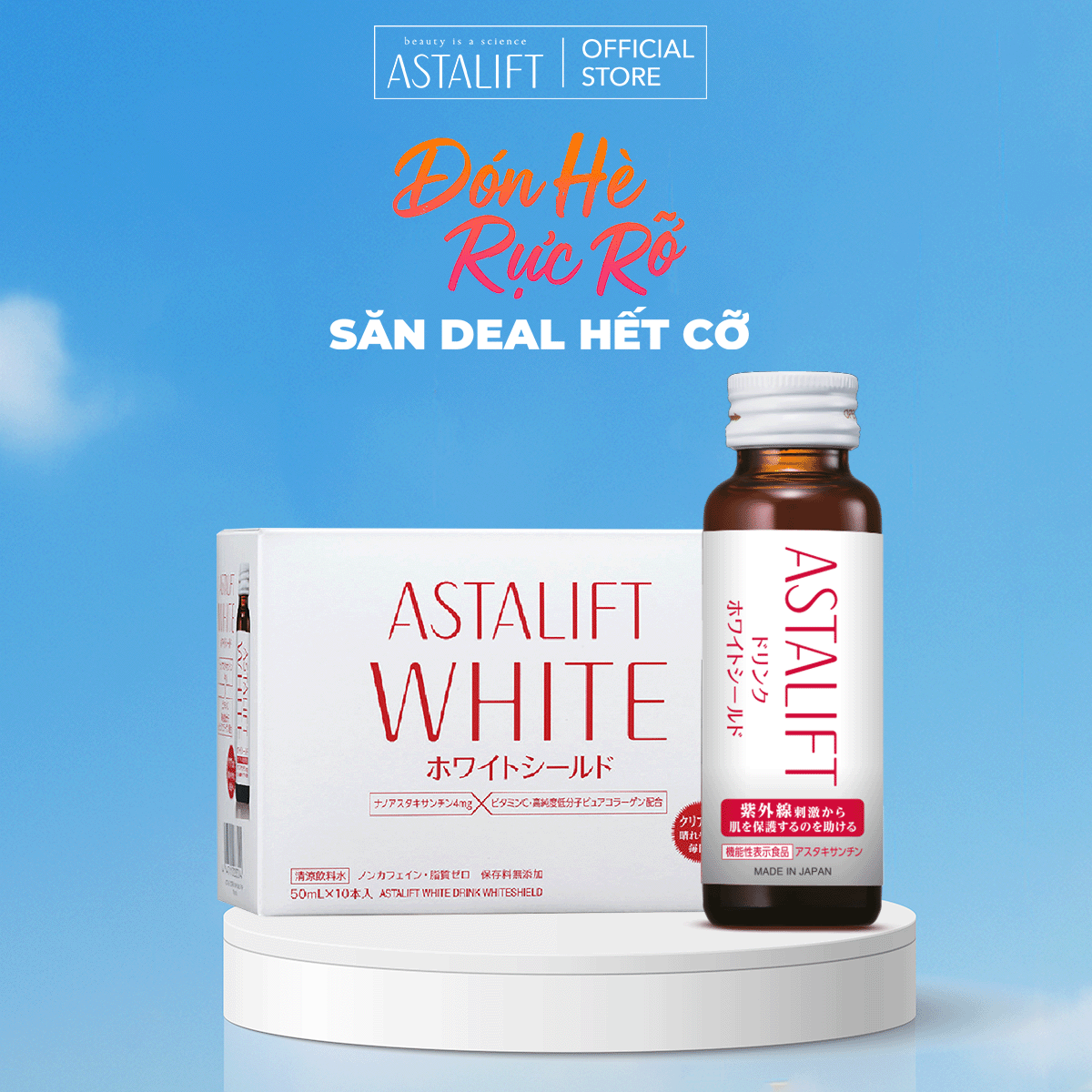 [Quà Tặng ] Nước Uống Chống Lão Hoá Dưỡng Sáng Da Nhật Bản ASTALIFT Bổ Sung Nano Astaxanthin & Collagen & 1200mg Vitamin C Drink White Shield (Hộp 10 chai x 50ml)