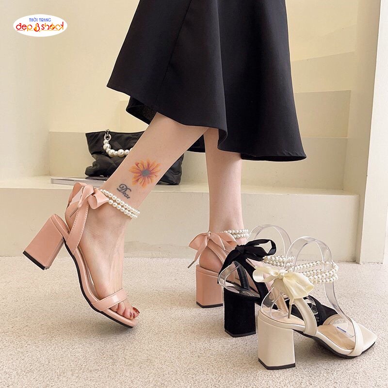 Giày Sandal cao gót quai ngang thắt nơ đính ngọc 7cm big size 42 43