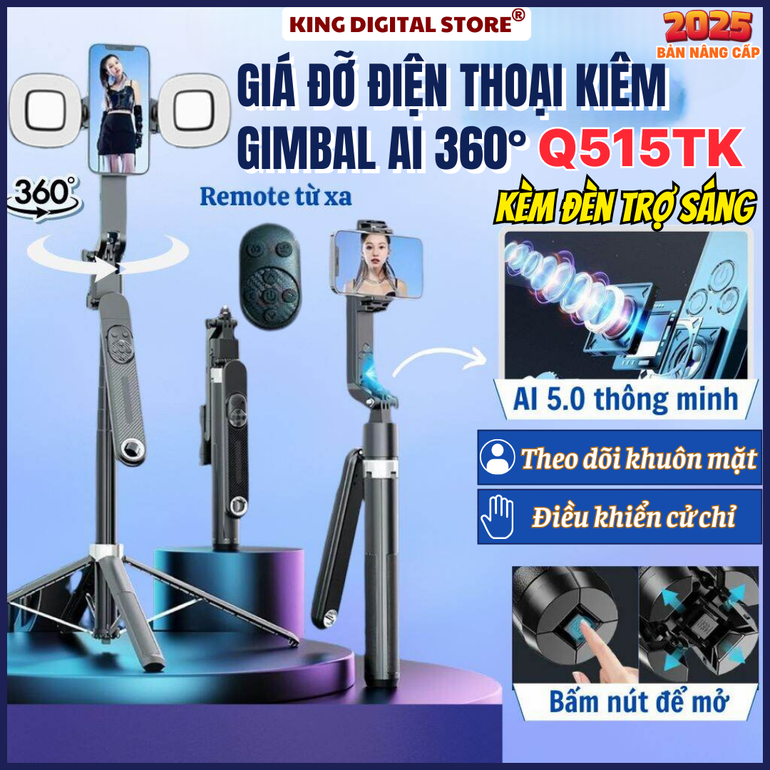 Gậy Chụp Ảnh 4 Chân Tích Hợp Gimbal AI Thông Minh Q515TK - Tripod Điện Thoại Theo Dõi Chuyển Động Xoay 360 Độ Kéo Dài 180 cm Gậy Selfile Có Remote Kết Nối Bluetooth Tích Đèn Trợ Sáng