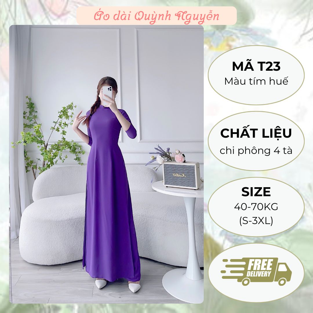 Áo dài tím trơn, áo dài trơn màu tím huế lụa chi phông 4 tà truyền thống MÃ T23