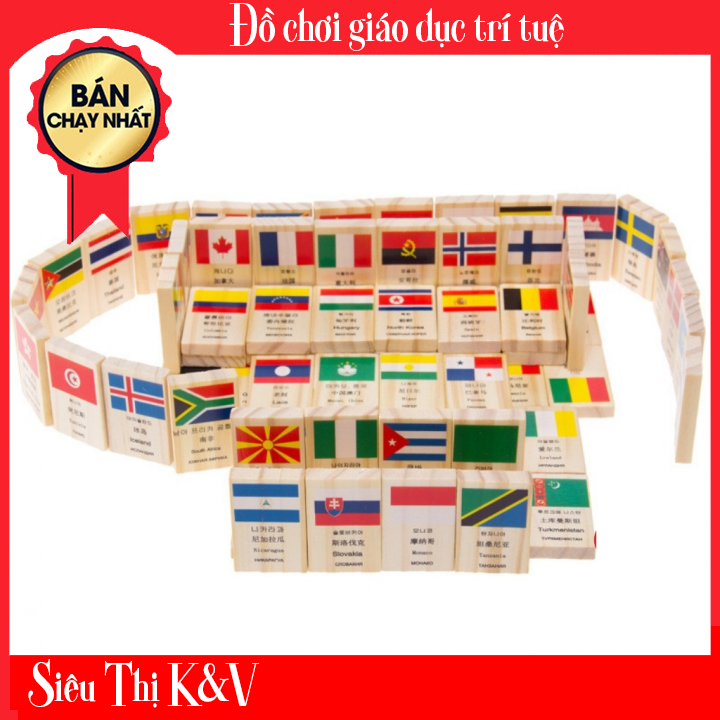 Bộ cờ domino gỗ in hình quốc kỳ các nước giúp bé phân biệt quốc kỳ các nước kv18