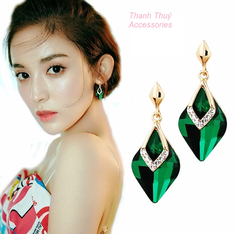Bông tai giọt nước đính viên đá màu xanh lá