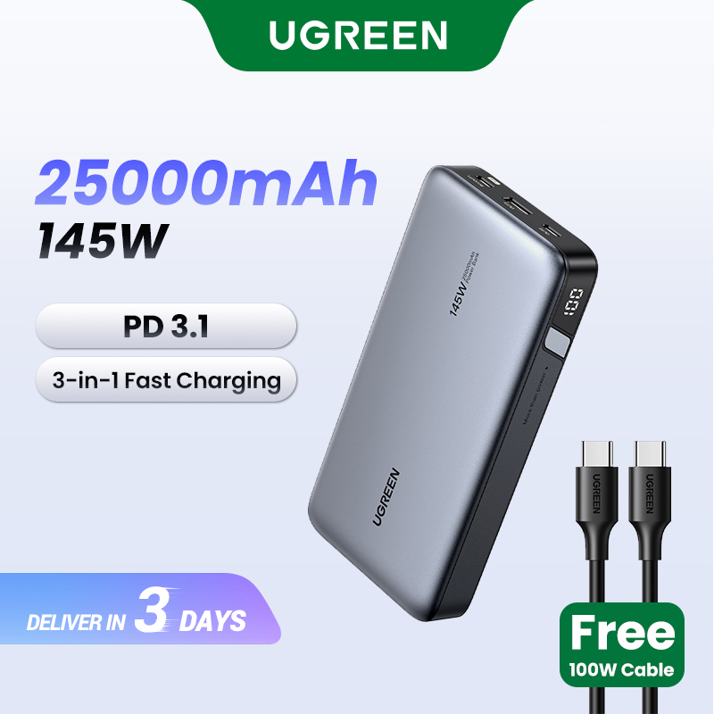 Bộ pin sạc dự phòng UGREEN - Dung lượng lớn 25000mAh 145W 20000mAh 100W - Cổng sạc nhanh PD 3.0 2 chiều USB - C, 3 Cổng - Màn hình số - Bảo hành 18 tháng - Được mang trên máy bay - Tương thích với MacBook Pro/Air, HP Spectre, iPhone 15 Pro Max