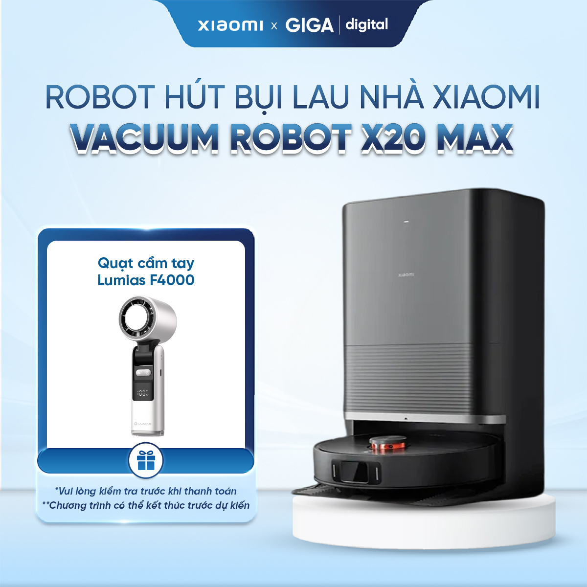 Robot hút bụi lau nhà Xiaomi X20 Max BHR9220EU - Lực hút 8000Pa - Pin 5200mAh - Trạm sạc All in One