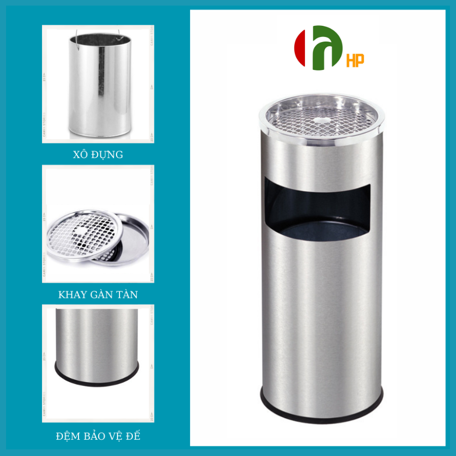 Thùng rác inox có gạt tàn ; vhp-ys-hpb-40 ; inox 201 , thùng rác hồng phát stainless steel trash can with ashtray 不锈钢垃圾桶有烟灰盅