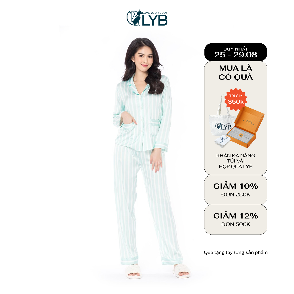 Đồ ngủ lyb bộ pijama lụa dài tay xanh in sọc fw22-h00012