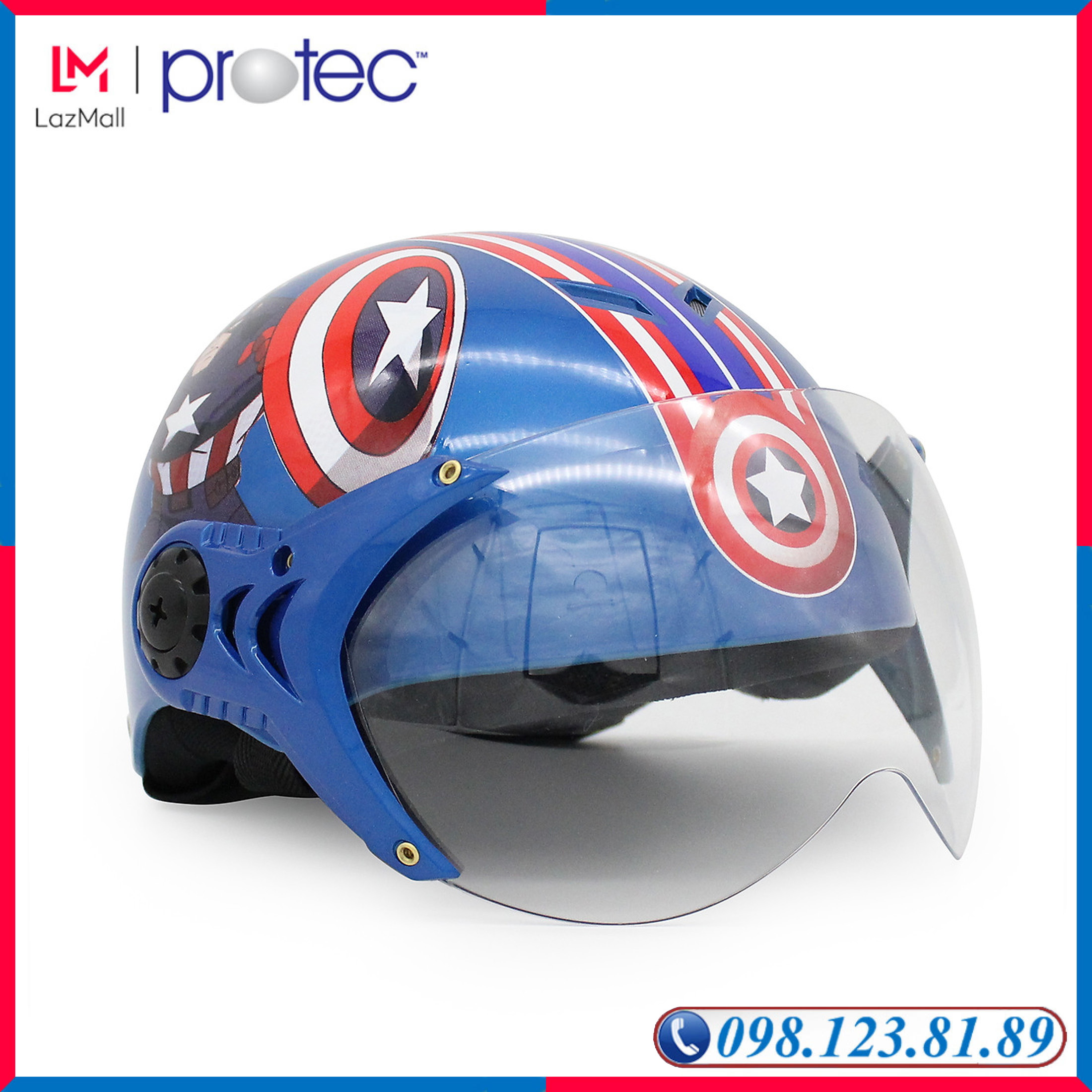 Mũ Bảo Hiểm Trẻ Em 1/2 Đầu Có Kính Họa Tiết Siêu Anh Hùng Marvel CapTain American Màu Xanh, An Toàn, Thời Trang Cho Bé Trai Protec Kitty - PROTEC HELMET