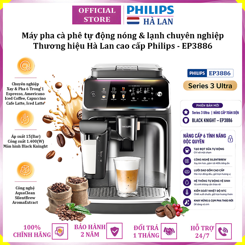 Máy pha cà phê tự động 6 loại đồ uống nóng và lạnh chuyên nghiệp thương hiệu Philips EP3886 Series 3800 Ultra - Bảo Hành 24 Tháng