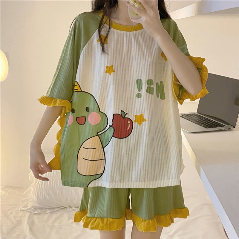 Bộ đồ cotton mặc nhà hình khủng long xanh siêu cute chất cotton gân siêu mát giá ưu đãi hàng taobao cc