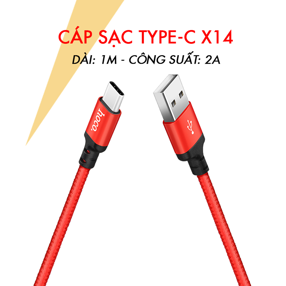 DÂY CÁP SẠC NHANH DÂY DÙ TYPE-C HOCO X14 1.7A CHO ANDROID SAMSUNG XIAOMI- DÀI 1M 2M - MÀU ĐEN ĐỎ [HOCO ĐÀ NẴNG]