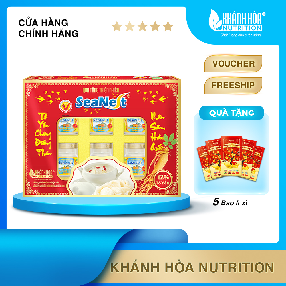 [MUA 1 TẶNG 5 BAO LÌ XÌ] Hộp Quà Nước Yến Sào Chưng Nhân Sâm Hàn Quốc 12% Tổ Yến SeaNest - Khánh Hòa Nutrition - Hộp 6 Lọ x 70 ML