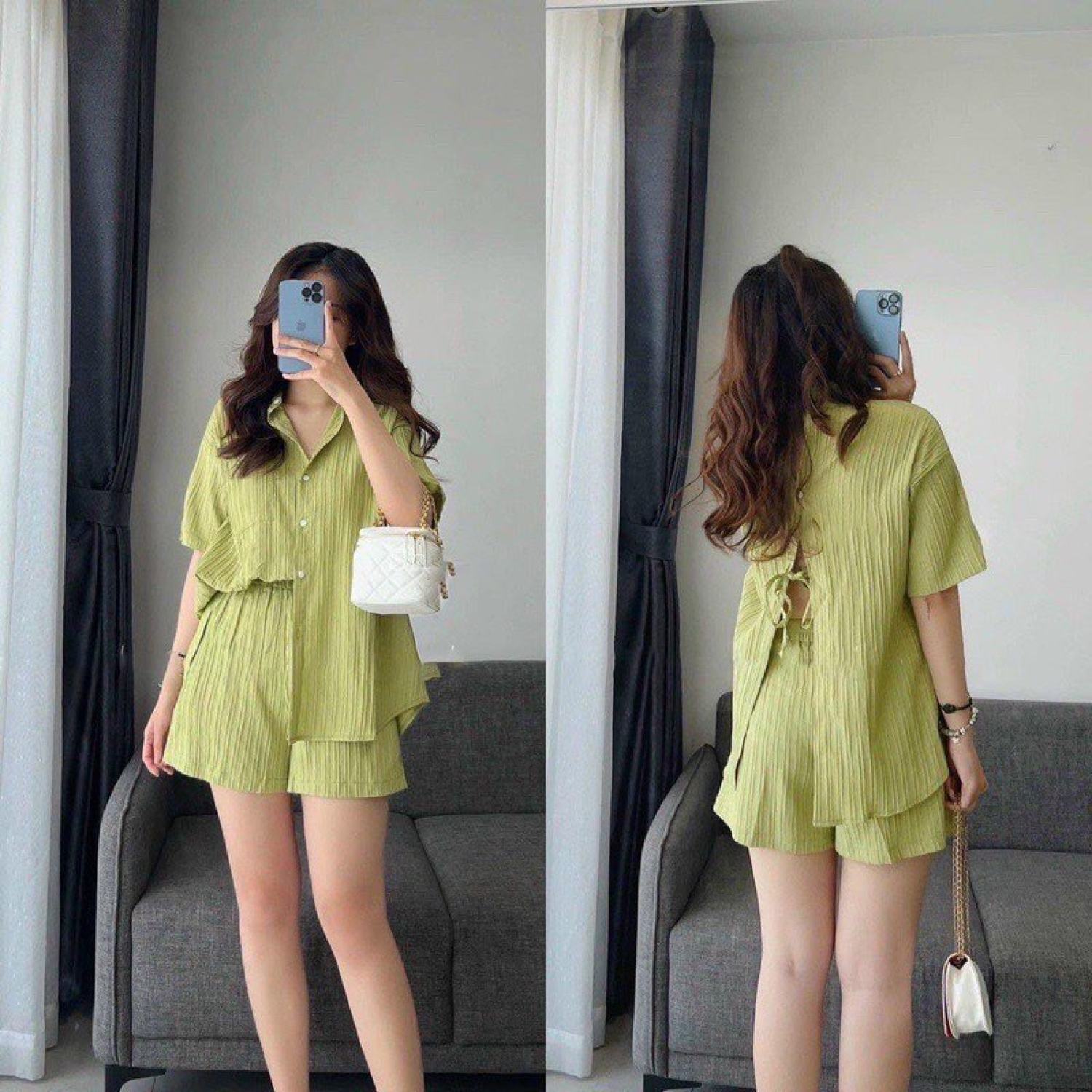 SQ029 Bộ áo sơmi hở lưng dây buộc tùy chỉnh Sét cộc tay kèm quần short chất đũi gân mềm mịn