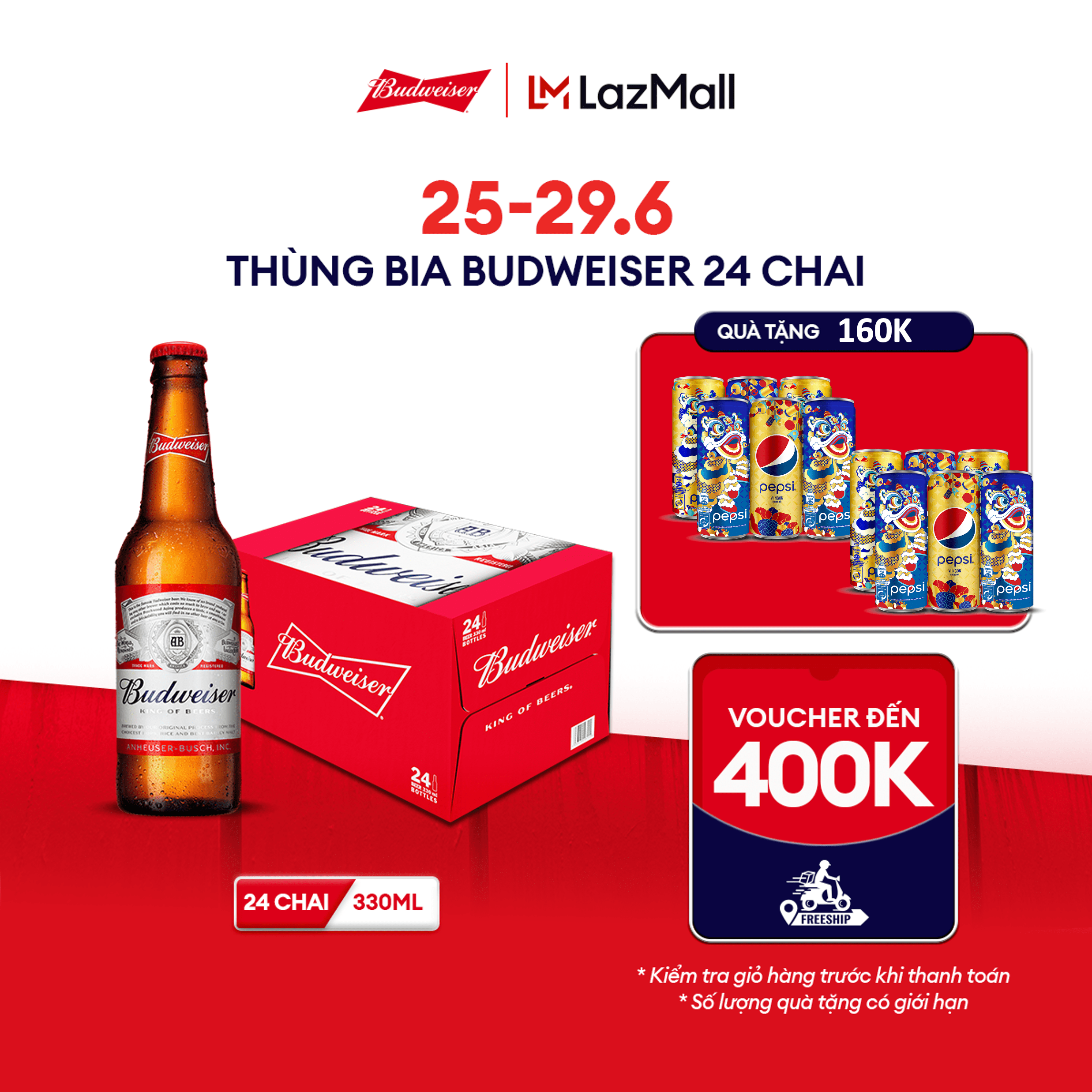 [25-29.6 VC ĐẾN 50K+FS] Thùng 24 Chai Bia Budweiser Chính Hãng (330ml/Chai) [HCM - Date 05/2025] [Hà Nội - Date 10/2024]
