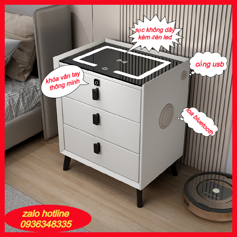Tủ đầu giường thông minh,Tap đầu giường 3 ngăn có khóa vân tay cao cấp kèm sạc không dây cổng USB và loa bluetooth