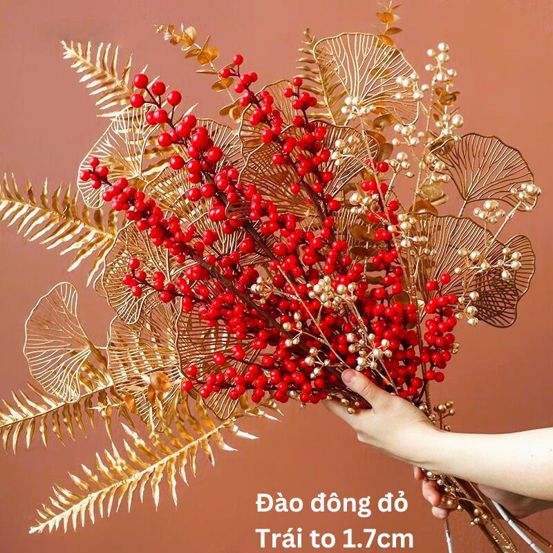 [QUẢ ĐÀO TO 1,5 _ 1,7cm] Hoa Giả - Set Cành Đào Đông Đỏ 1 Cành 12 Nhánh 90cm hàng đẹp to tròn đều  nhiều trái không dính không móp  Cụm Lá Táo xanh 50cm 16 nhánh cành công vàng lá táo quạt vàng hàng mới màu sáng