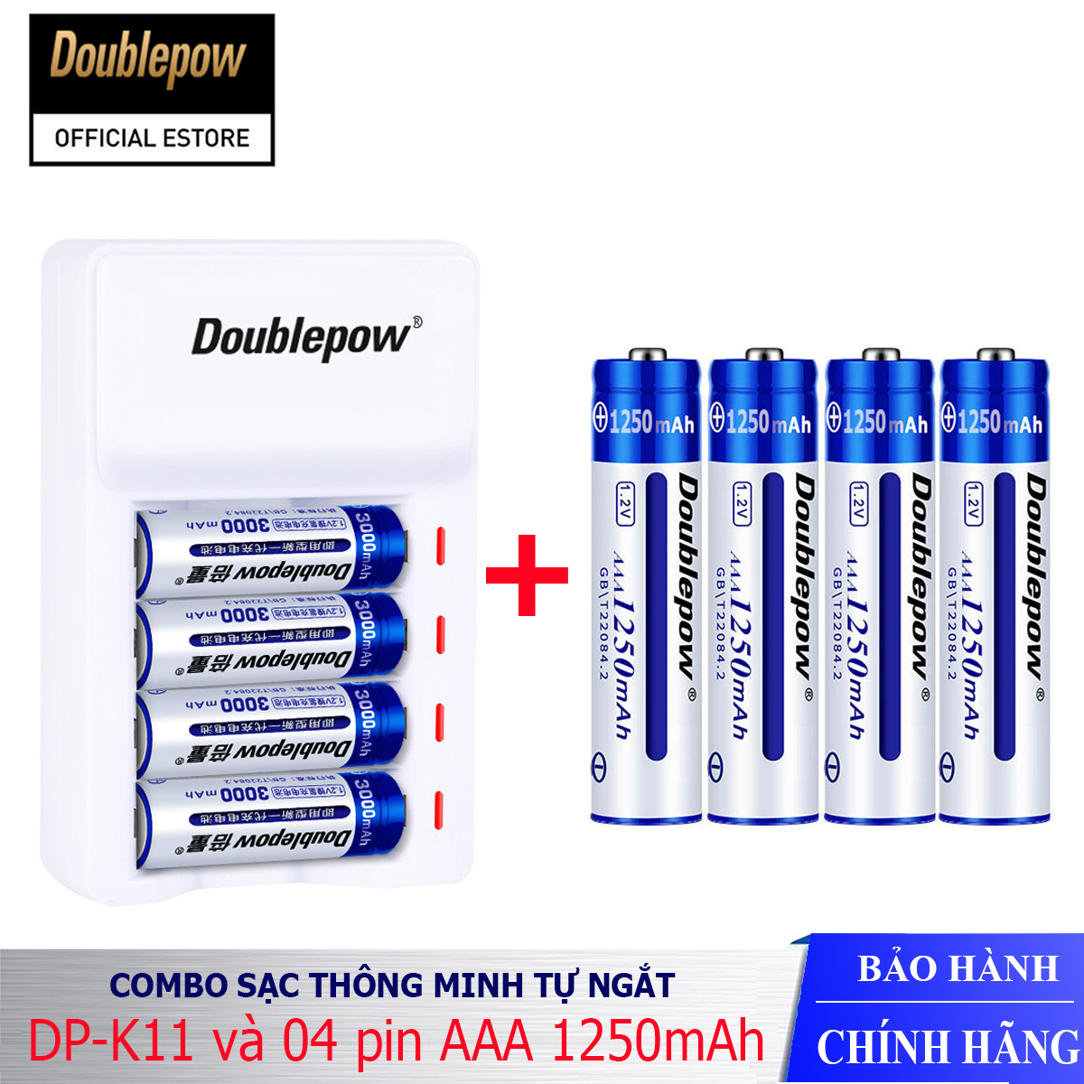 Sạc nhanh pin aa aaa tự ngắt dp-k11 và 4 viên pin aaa 1250mah chính hãng doublepow, sạc pin thông minh có đèn led báo khi pin đầy