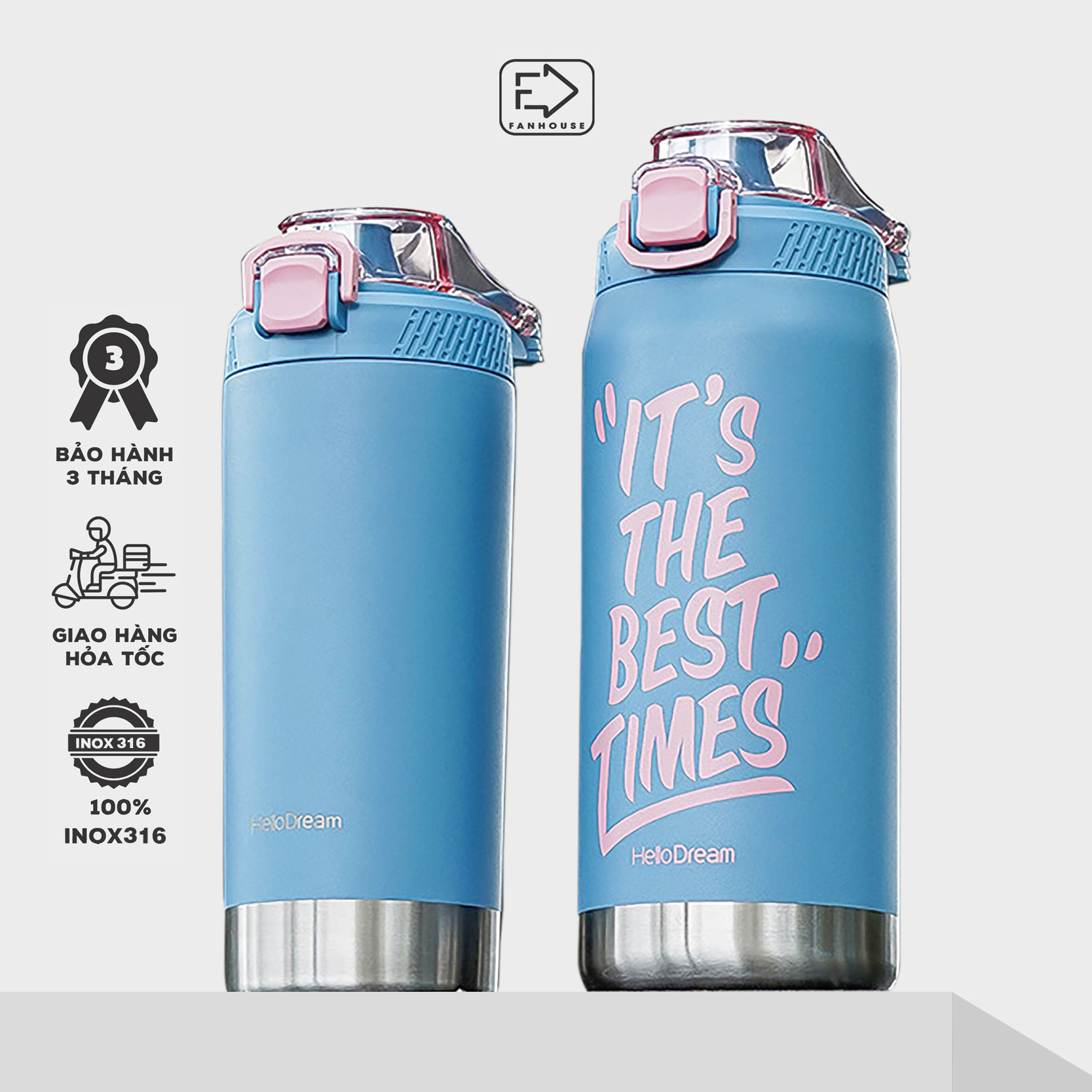Bình giữ nhiệt cao cấp Hello Dream 720-1100ml bình nước giữ nhiệt thể thao Fan House có ống hút vỏ chống xước inox 316