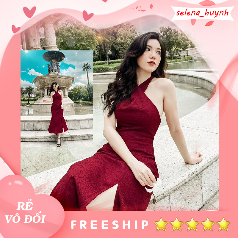 Đầm đỏ cổ yếm xẻ tà sẵn cúp ngực