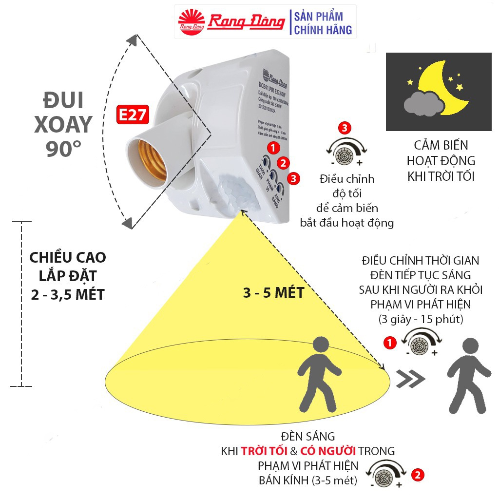 Đui Đèn E27 Cảm Biến Chuyển Động Rạng Đông, cảm biến hồng ngoại tự động bật tắt, thay đổi độ sáng