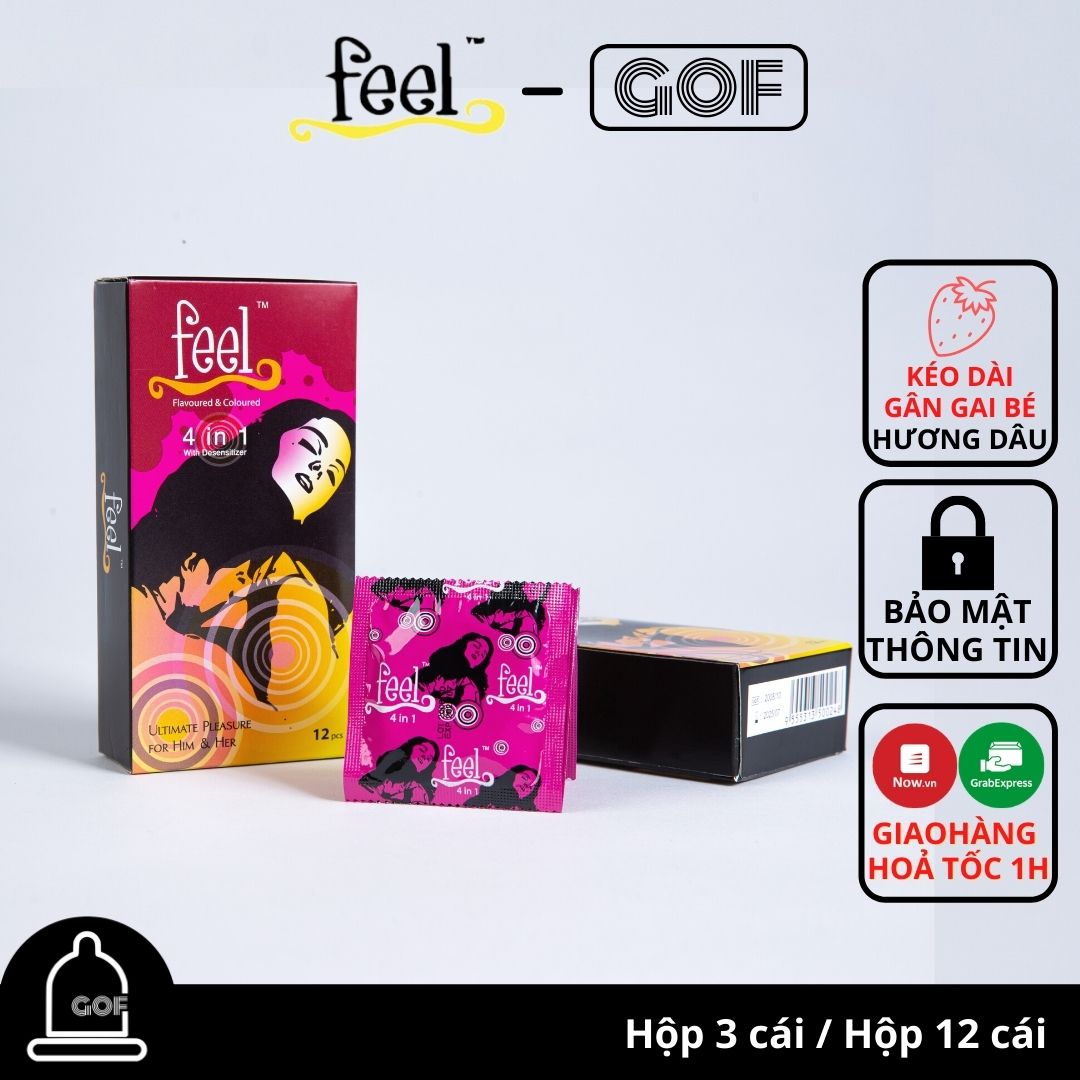Bao cao su kéo dài thời gian Feel 4 in 1 mùi hương dâu có gai gân chống tuột– GoF Store