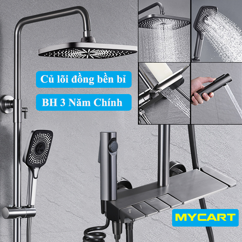 Bộ sen cây tắm đứng nóng lạnh, Vòi hoa sen, sen vòi tắm 4 phím Đàn màu xám Không Led - BH 3 NĂM