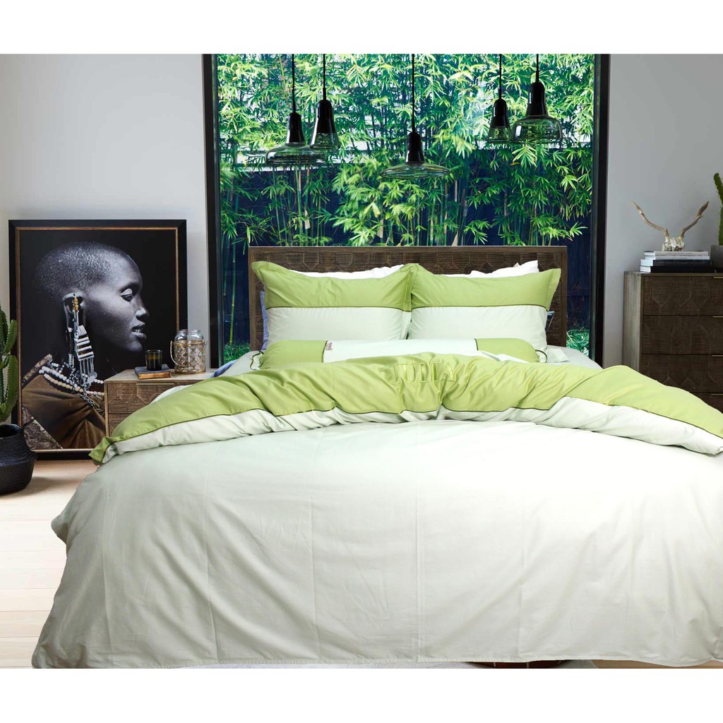 Bộ chăn ga gối drap giường màu xanh lá mạ cotton satin Ai Cập Julia 532